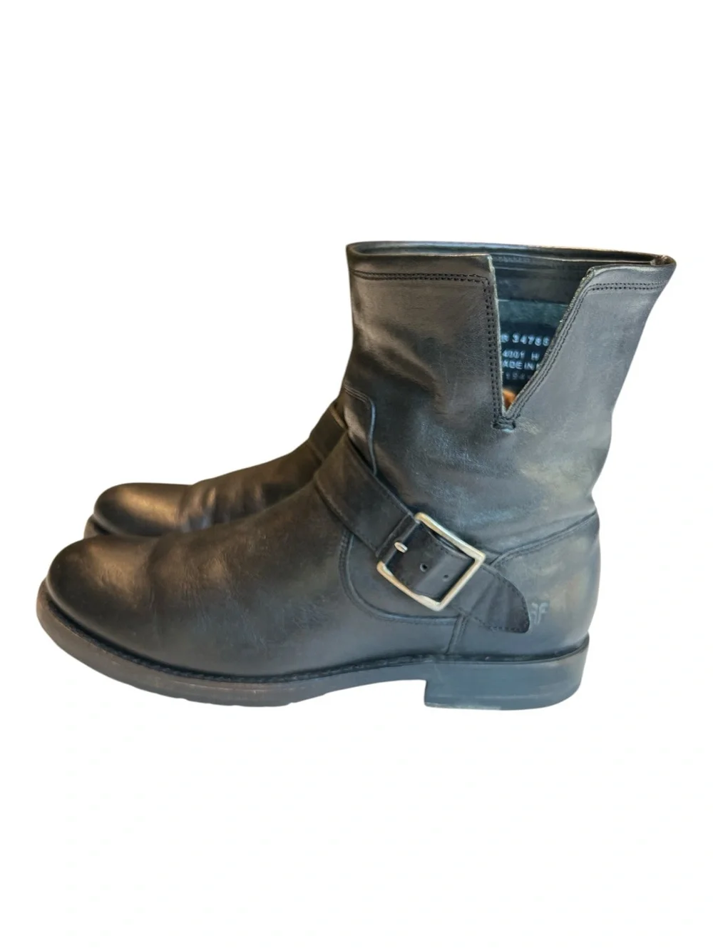Frye Boots Natalie Short Engineer Black Leather Ankle Buckle SZ 8.5